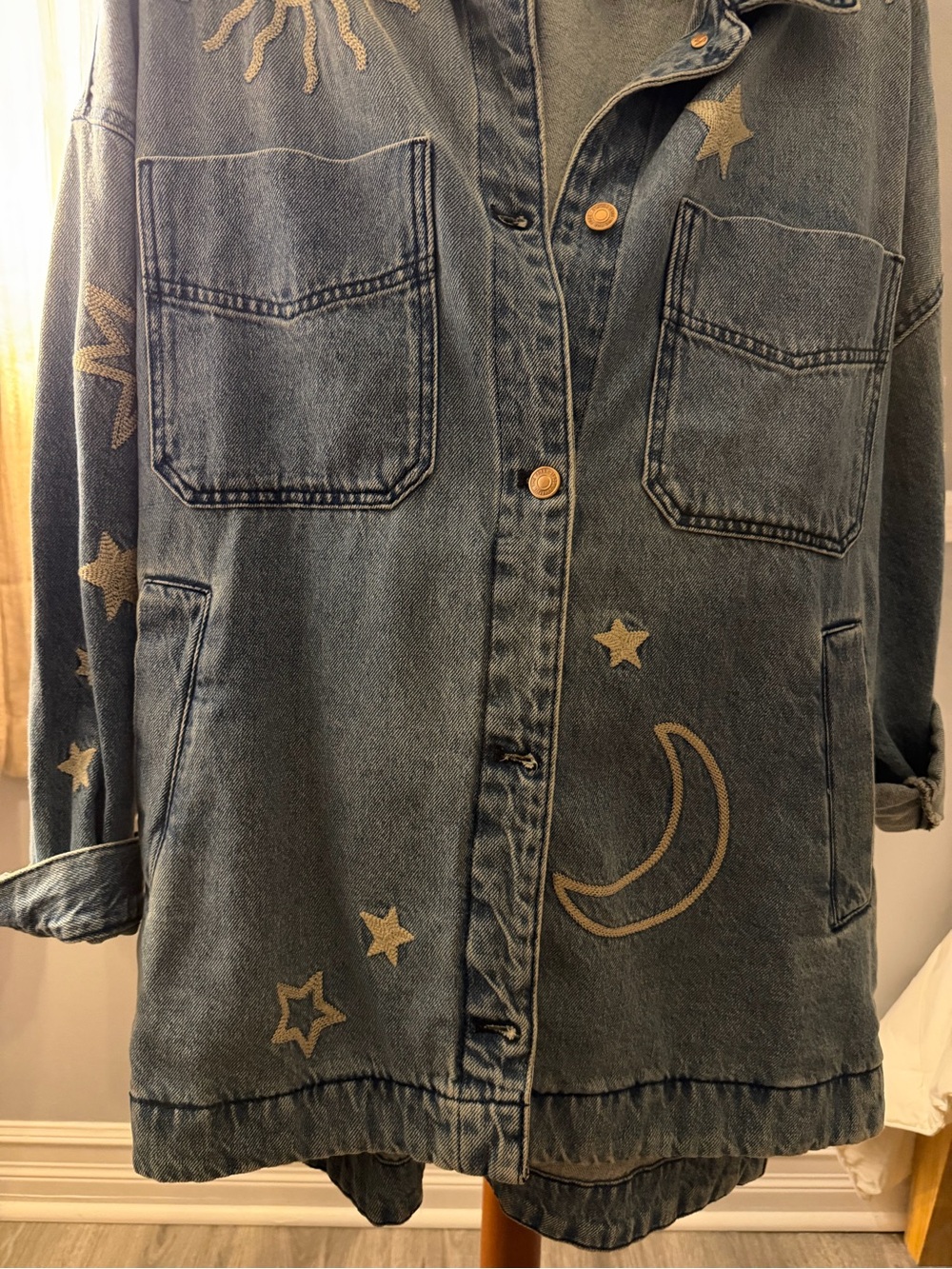 Free people we the free denim chore jacket with Star & Moon Embroidery size LG